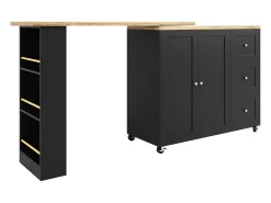 Móvel De Bar* Mesa de pé giratória 360° (135-203 cm) com rodízios, preta, com 3 gavetas e porta-lanches. Preto