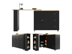 Móvel De Bar* Mesa de pé giratória 360° (135-203 cm) com rodízios, preta, com 3 gavetas e porta-lanches. Preto