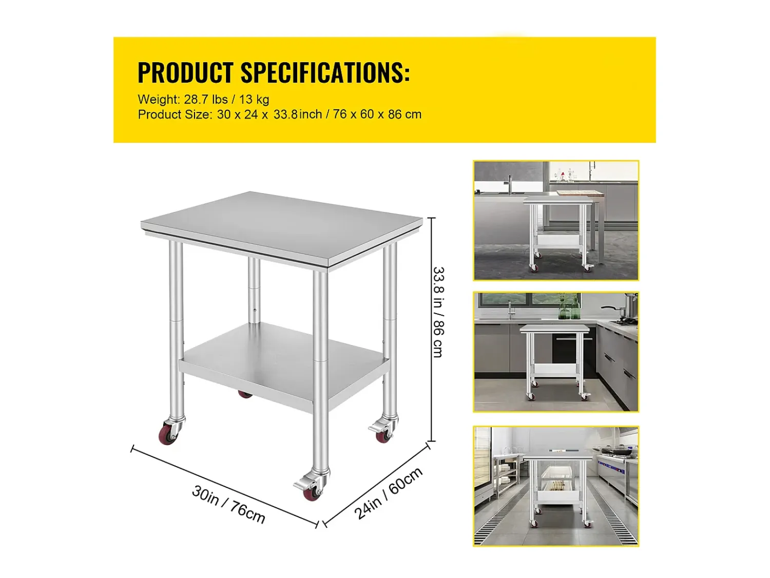 Sale Mesa de Preparação SucceBuy Mesa de Trabalho em Aço Inoxidável 30 x 24 Polegadas, Mesa de Preparação Comercial com 4 Rodízios Prateado