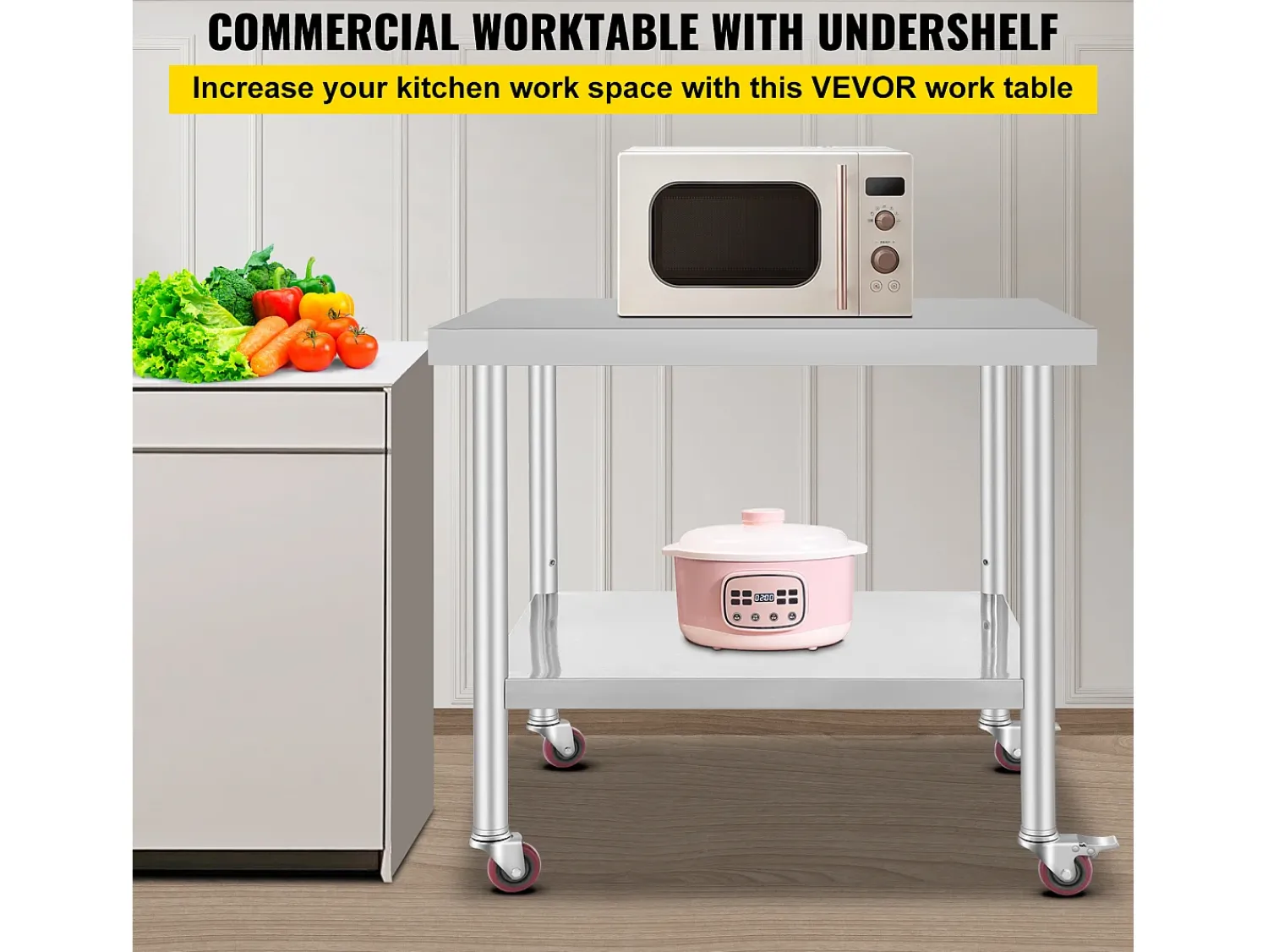 Mesa de Preparação SucceBuy Mesa de Trabalho em Aço Inoxidável, Mesa de Preparação Comercial de 36 x 30 Polegadas com 4 Rodízios^ Móvel De Arrumação