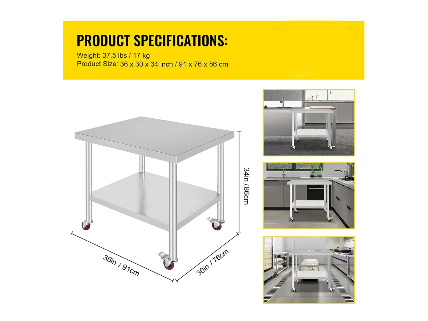 Mesa de Preparação SucceBuy Mesa de Trabalho em Aço Inoxidável, Mesa de Preparação Comercial de 36 x 30 Polegadas com 4 Rodízios^ Móvel De Arrumação