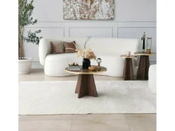 Mesa De Centro*Dmora Mesa de sala de estar Dkluiver, Mesa de café, Porta-revista para sofá, Prateleira para sala de estar, 60x60h40 cm, Ouro e Noz Dourado