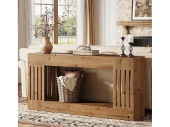 Consola*Tribesigns Mesa de Sofá de Madeira Sólida de 160cm, Mesa de Consola Rustica atrás do Sofá com Pernas de Listras Verticais, 2 Andares Castanho