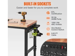 Consola| Mesa de Trabalho Ajustável SucceBuy, com Soquete, Carga Máxima de 1361 kg Natural claro