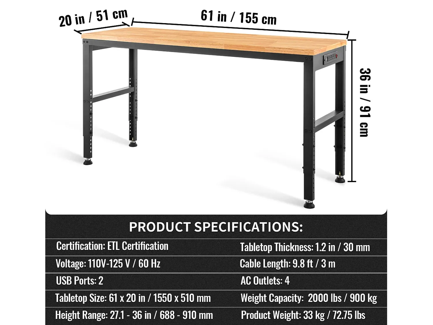Consola| Mesa de Trabalho Ajustável SucceBuy, 155 x 51 cm, com Tomada Elétrica Natural claro