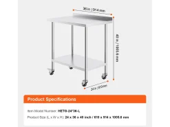 Móvel De Arrumação| Mesa de Trabalho Comercial em Aço Inoxidável SucceBuy, 91,4 x 61 x 100,6 cm, com Rodízios Prateado