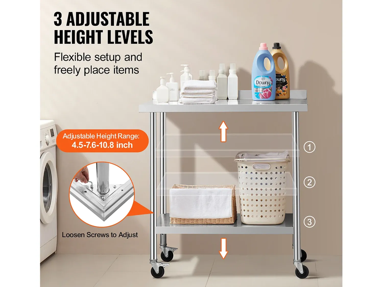 Móvel De Arrumação| Mesa de Trabalho Comercial em Aço Inoxidável SucceBuy, 91,4 x 61 x 100,6 cm, com Rodízios Prateado