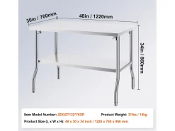 Móvel De Arrumação| Mesa de Trabalho Cozinha SucceBuy, 122 x 76,2 cm, Mesa de Preparação Comercial Plegável, para Cozinha em Casa, Restaurante, Garagem Prateado