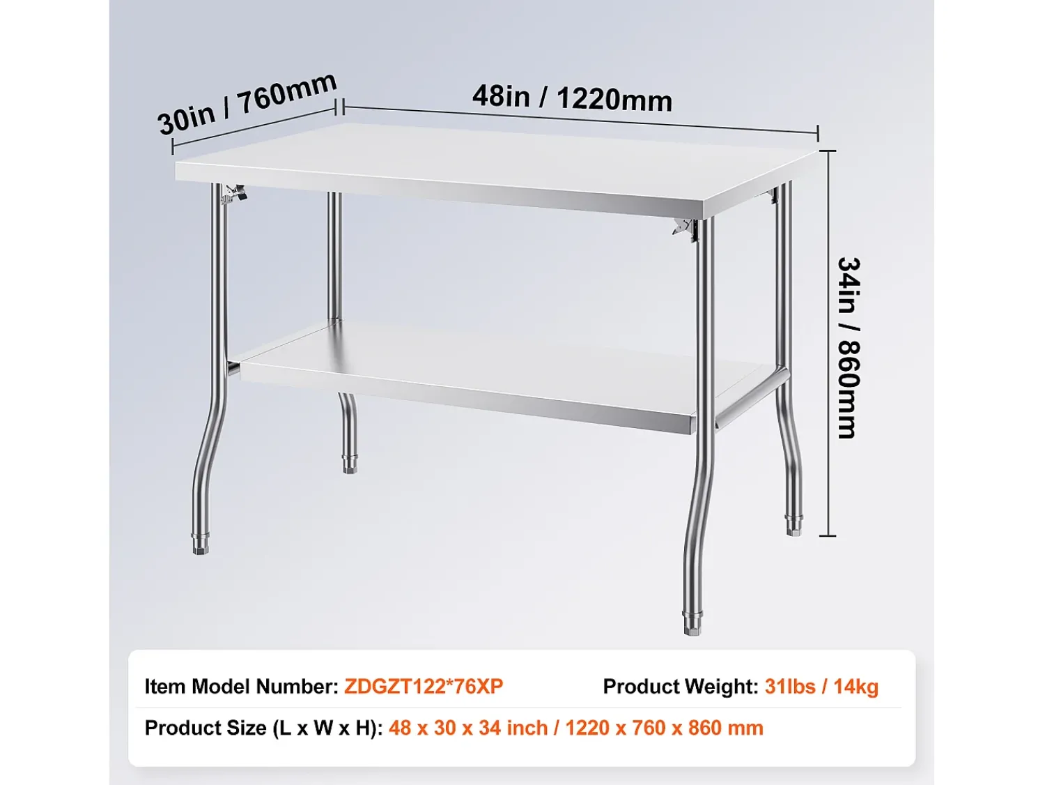 Móvel De Arrumação| Mesa de Trabalho Cozinha SucceBuy, 122 x 76,2 cm, Mesa de Preparação Comercial Plegável, para Cozinha em Casa, Restaurante, Garagem Prateado