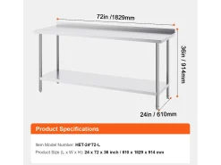 Mesa de Trabalho Cozinha SucceBuy, 61 x 182,9 cm, Mesa de Preparação de Alimentos, para a Preparação na Cozinha, no Restaurante e no Ateliê^ Móvel De Arrumação