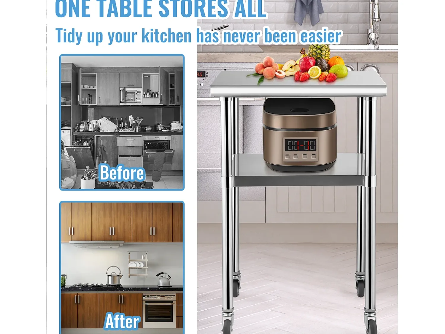 Mesa de Trabalho de Aço Inox SucceBuy, 61 x 61 x 85 cm, Mesa de Preparação de Alimentos Comercial com Rodas^ Móvel De Arrumação