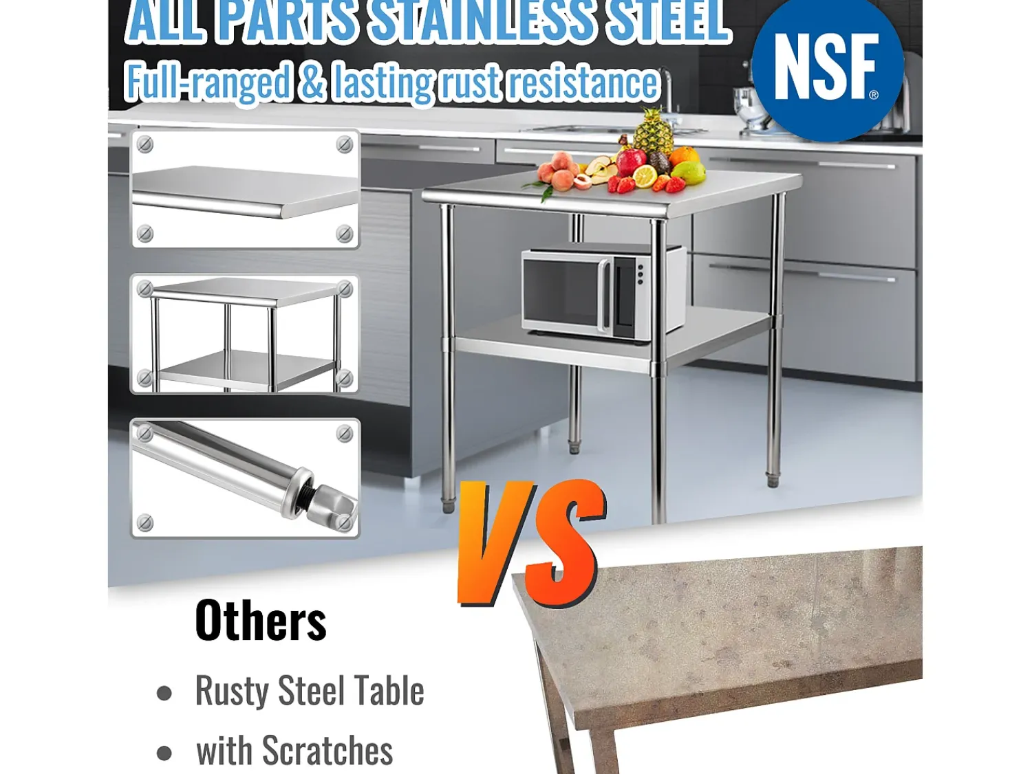 Mesa de Trabalho de Aço Inox SucceBuy, 61 x 61 x 85 cm, Mesa de Preparação de Alimentos Comercial com Rodas^ Móvel De Arrumação