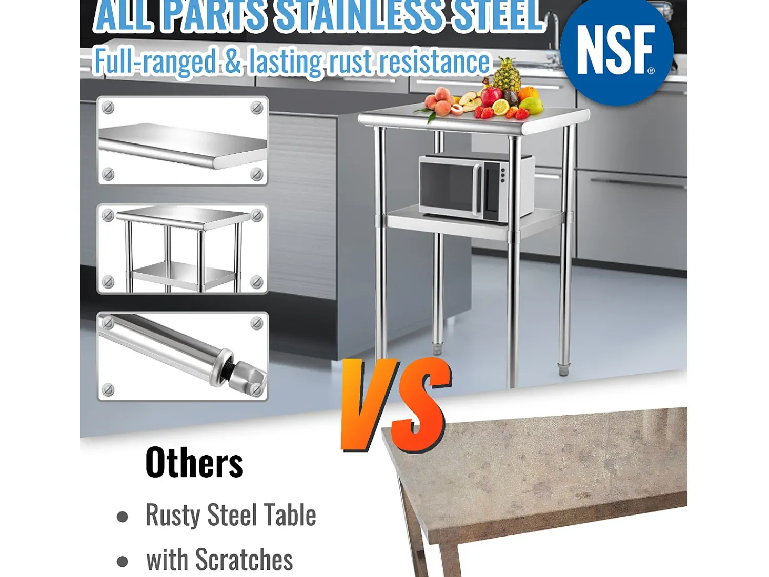Mesa De Apoio* Mesa de Trabalho de Aço Inox SucceBuy, 61 x 46 x 91 cm, Mesa de Preparação de Alimentos Comercial Prateado