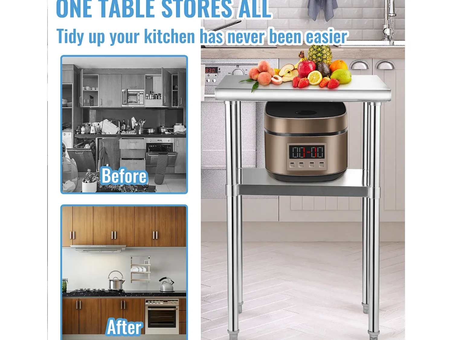 Mesa De Apoio* Mesa de Trabalho de Aço Inox SucceBuy, 61 x 46 x 91 cm, Mesa de Preparação de Alimentos Comercial Prateado