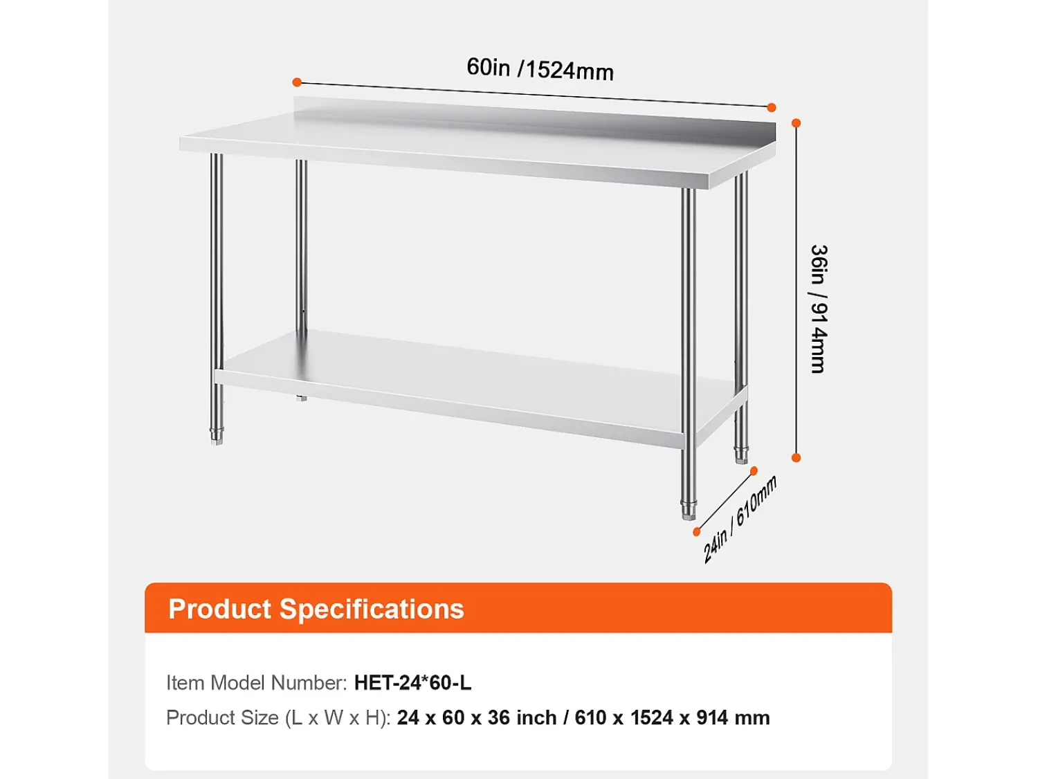 Mesa de Trabalho de Cozinha SucceBuy, Mesa de Trabalho em Aço Inoxidável 60.96x152.4 cm, Comercial^ Móvel De Arrumação