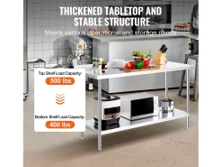 Mesa de Trabalho de Cozinha SucceBuy, Mesa de Trabalho em Aço Inoxidável 60.96x152.4 cm, Comercial^ Móvel De Arrumação