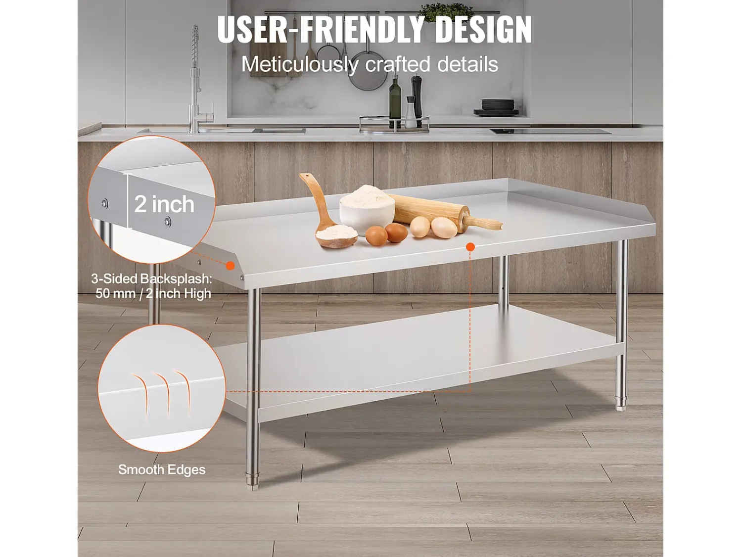 Móvel De Arrumação| Mesa de Trabalho de Cozinha SucceBuy 76x152 cm para Preparação Comercial de Alimentos para Restaurante Prateado