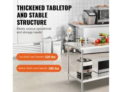 Mesa de Trabalho de Cozinha SucceBuy 76.2x152.4x86.36 cm, Posto de Trabalho Alimentar Comercial^ Móvel De Arrumação