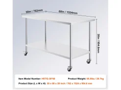 Móvel De Arrumação| Mesa de Trabalho de Cozinha SucceBuy 76 x 152 cm, Mesa de Trabalho em Aço Inoxidável com 4 Rodas Prateado