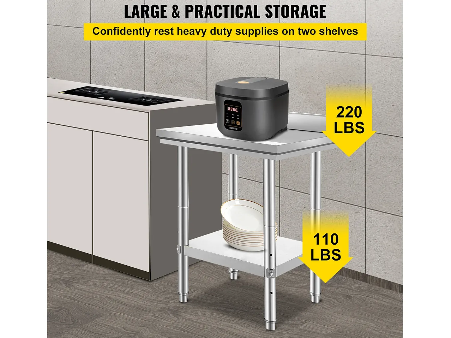 Clearance Mesa de Trabalho de Cozinha em Aço Inoxidável SucceBuy, Mesa de Preparação de Alimentos 60.96x60.96 cm Prateado