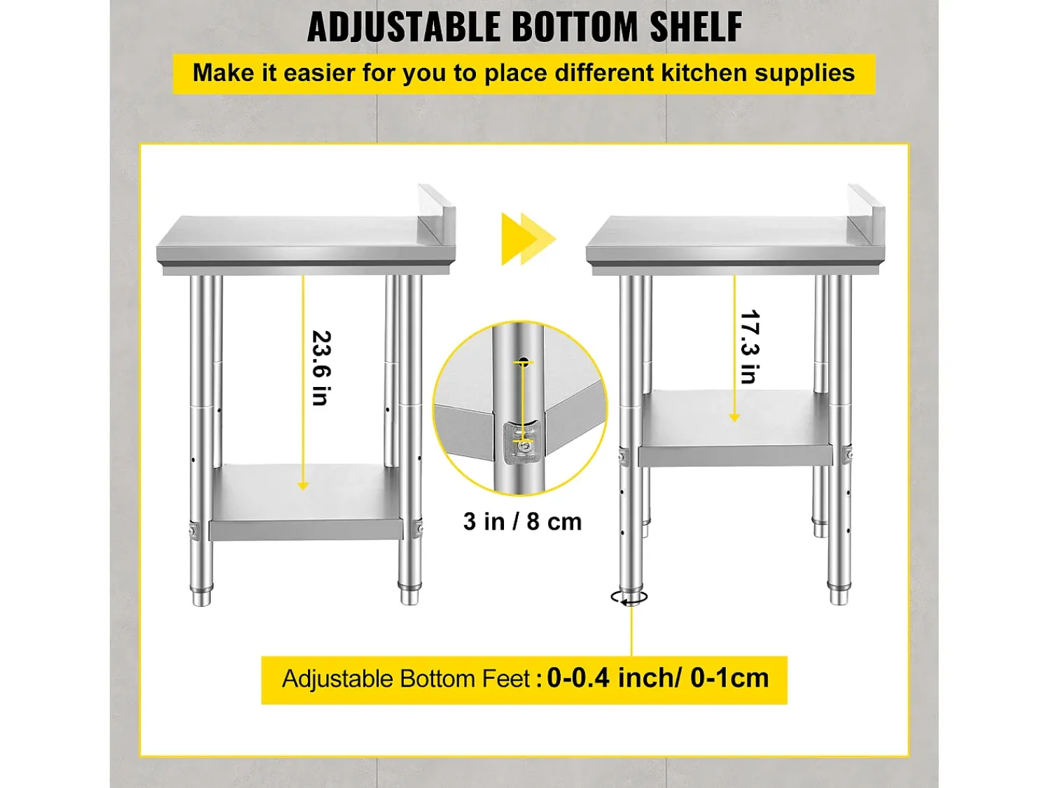 Clearance Mesa de Trabalho de Cozinha em Aço Inoxidável SucceBuy, Mesa de Preparação de Alimentos 60.96x60.96 cm Prateado