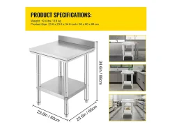 Clearance Mesa de Trabalho de Cozinha em Aço Inoxidável SucceBuy, Mesa de Preparação de Alimentos 60.96x60.96 cm Prateado