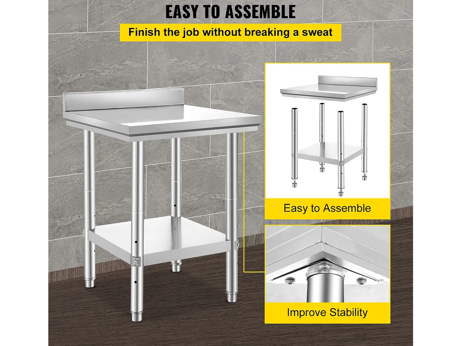 Clearance Mesa de Trabalho de Cozinha em Aço Inoxidável SucceBuy, Mesa de Preparação de Alimentos 60.96x60.96 cm Prateado