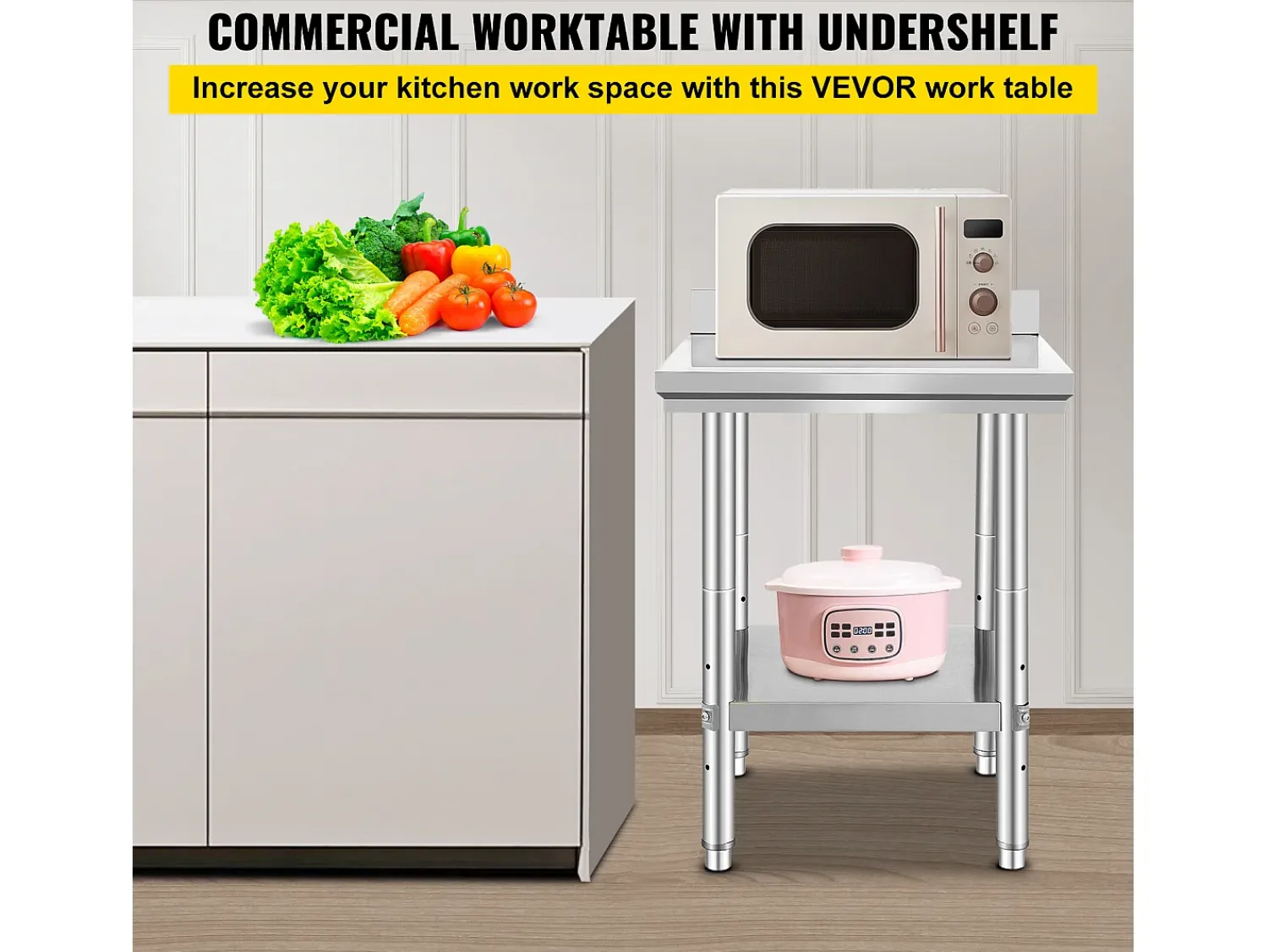 Clearance Mesa de Trabalho de Cozinha em Aço Inoxidável SucceBuy, Mesa de Preparação de Alimentos 60.96x60.96 cm Prateado