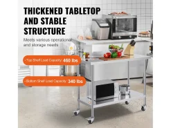 Móvel De Arrumação| Mesa de Trabalho de Cozinha SucceBuy 61 x 122 cm, Mesa de Preparação Comercial com 4 Rodas Prateado