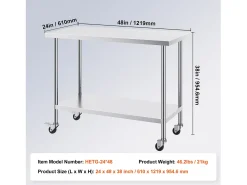 Móvel De Arrumação| Mesa de Trabalho de Cozinha SucceBuy 61 x 122 cm, Mesa de Preparação Comercial com 4 Rodas Prateado