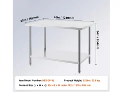 Mesa de Trabalho de Preparação em Aço Inoxidável SucceBuy, 762 x 1219 x 864 mm, Estação de Trabalho Comercial para Alimentos^ Móvel De Arrumação