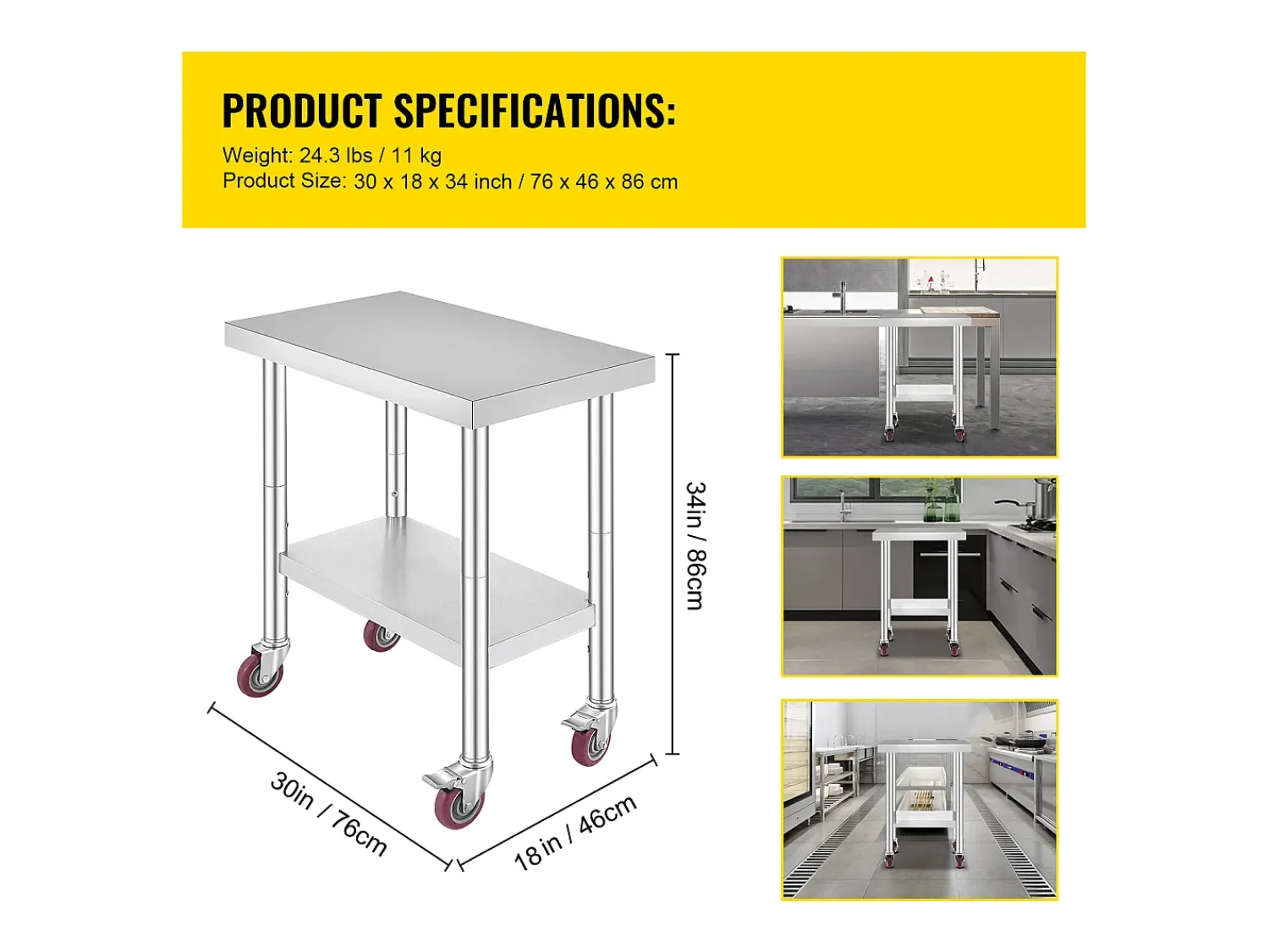 Móvel De Arrumação| Mesa de Trabalho em Aço Inoxidável SucceBuy, 76x46x86 cm, Capacidade de Carga 100 kg, 4 Rodízios, para Cozinha Comercial, Restaurante Prateado