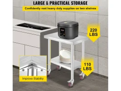 Móvel De Arrumação| Mesa de Trabalho em Aço Inoxidável SucceBuy, 76x46x86 cm, Capacidade de Carga 100 kg, 4 Rodízios, para Cozinha Comercial, Restaurante Prateado