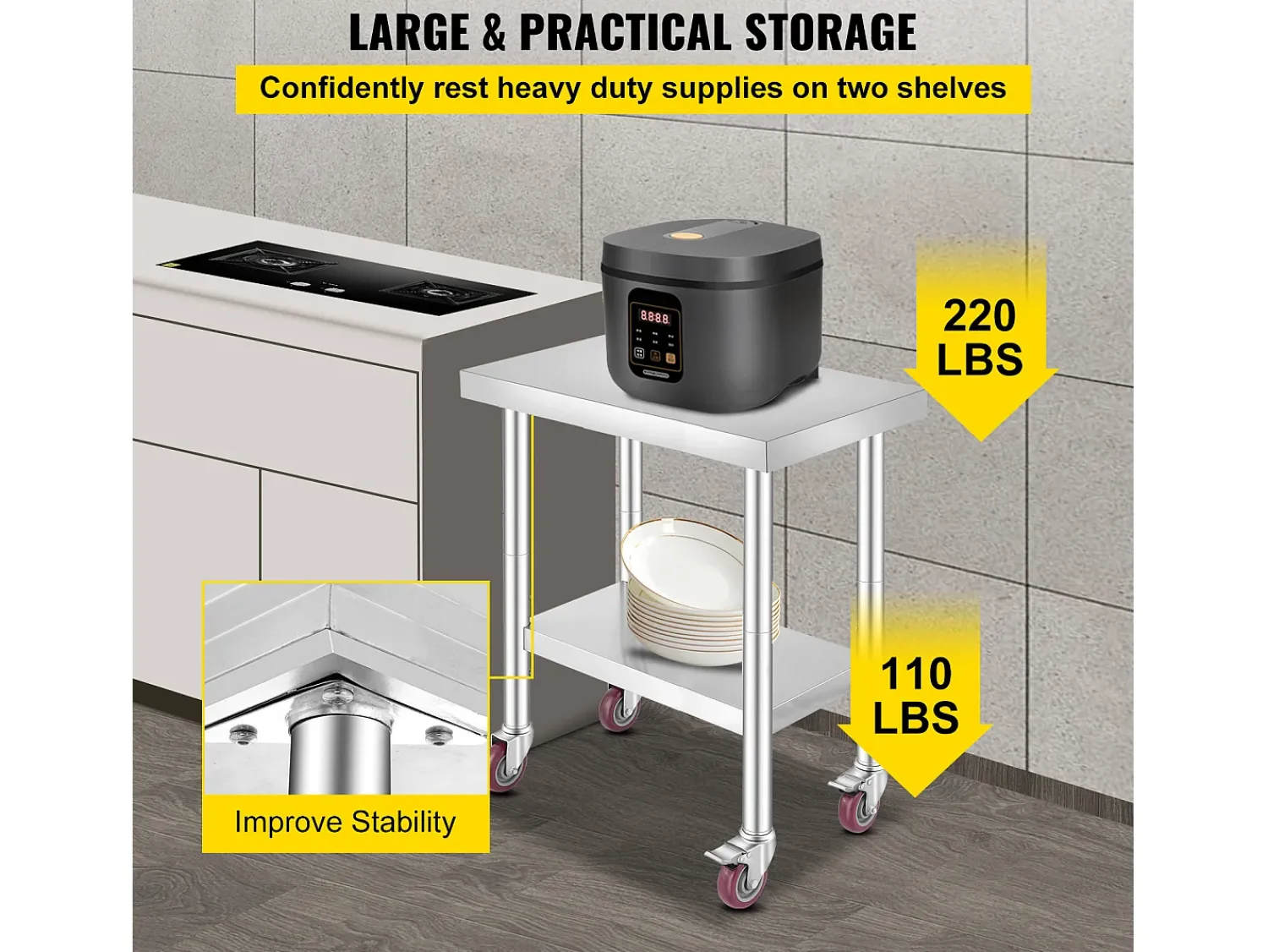 Móvel De Arrumação| Mesa de Trabalho em Aço Inoxidável SucceBuy, 76x46x86 cm, Capacidade de Carga 100 kg, 4 Rodízios, para Cozinha Comercial, Restaurante Prateado