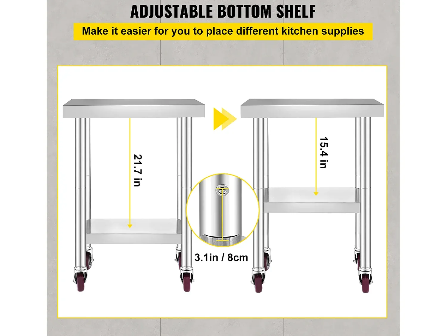 Móvel De Arrumação| Mesa de Trabalho em Aço Inoxidável SucceBuy, 76x46x86 cm, Capacidade de Carga 100 kg, 4 Rodízios, para Cozinha Comercial, Restaurante Prateado