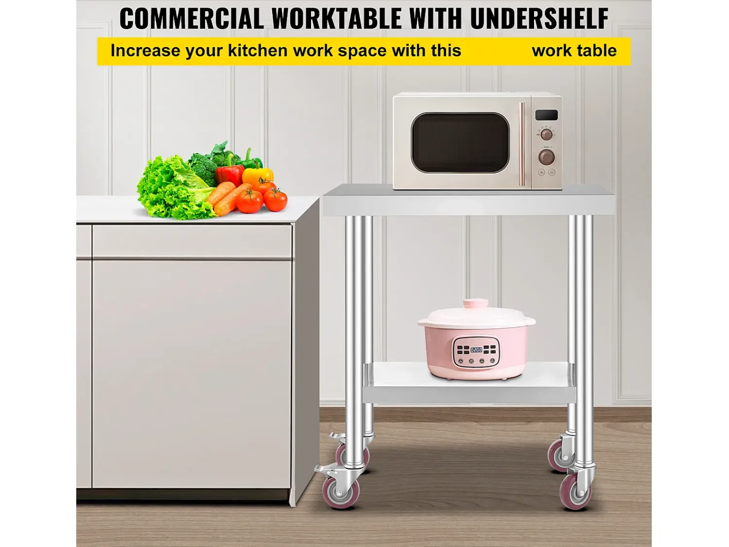 Móvel De Arrumação| Mesa de Trabalho em Aço Inoxidável SucceBuy, 76x46x86 cm, Capacidade de Carga 100 kg, 4 Rodízios, para Cozinha Comercial, Restaurante Prateado