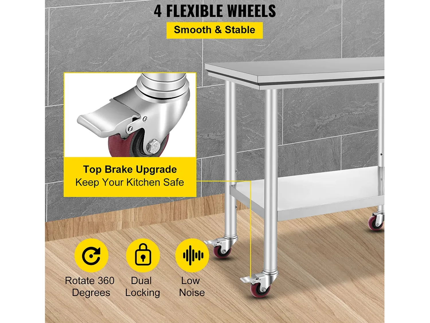 Mesa de Trabalho em Aço Inoxidável SucceBuy, 90x60x85 cm, Capacidade de Carga de 317,5 kg, 4 Rodas, para Cozinha Comercial, Restaurante^ Móvel De Arrumação
