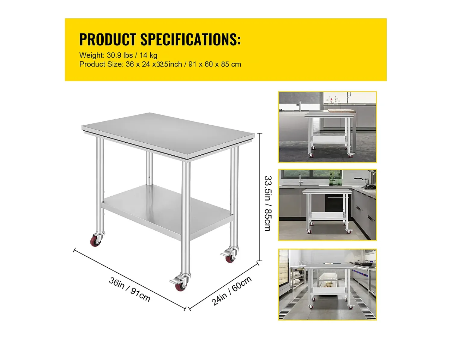 Mesa de Trabalho em Aço Inoxidável SucceBuy, 90x60x85 cm, Capacidade de Carga de 317,5 kg, 4 Rodas, para Cozinha Comercial, Restaurante^ Móvel De Arrumação