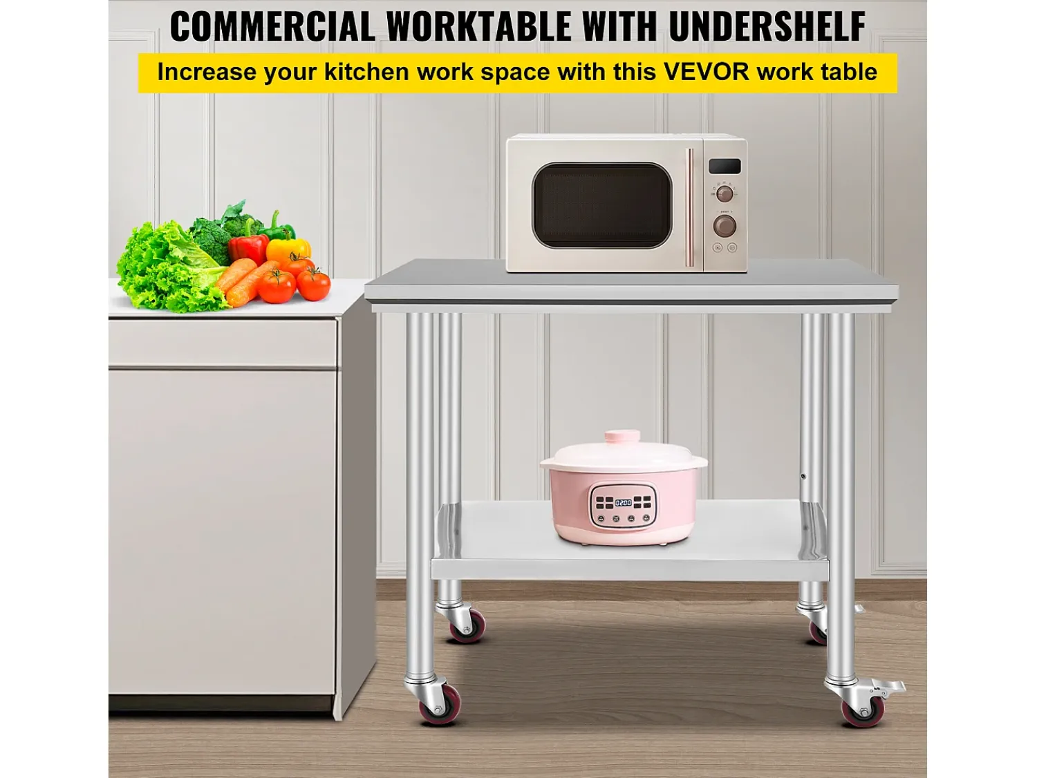 Mesa de Trabalho em Aço Inoxidável SucceBuy, 90x60x85 cm, Capacidade de Carga de 317,5 kg, 4 Rodas, para Cozinha Comercial, Restaurante^ Móvel De Arrumação