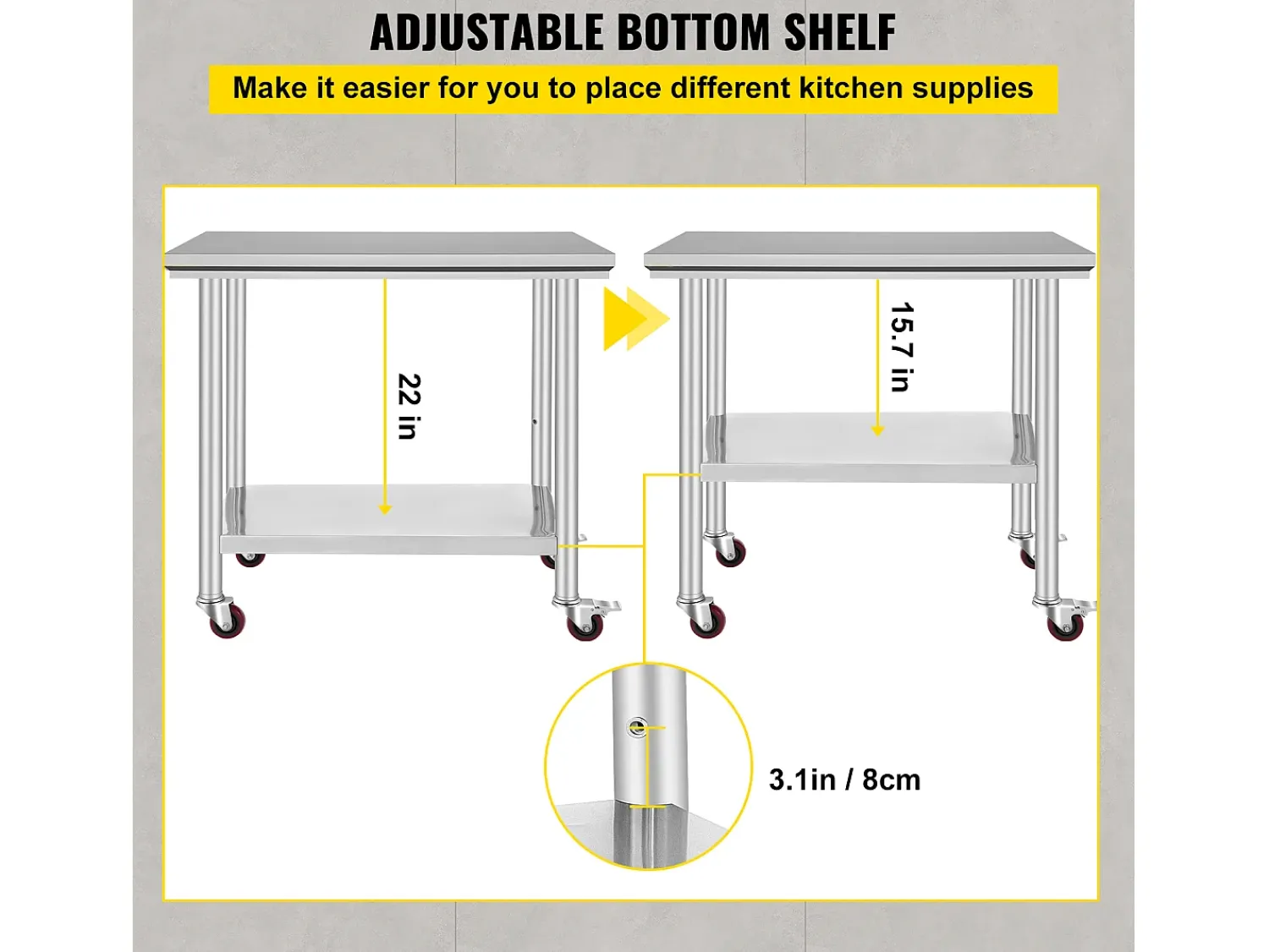 Mesa de Trabalho em Aço Inoxidável SucceBuy, 90x60x85 cm, Capacidade de Carga de 317,5 kg, 4 Rodas, para Cozinha Comercial, Restaurante^ Móvel De Arrumação