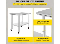 Mesa de Trabalho em Aço Inoxidável SucceBuy, 90x60x85 cm, Capacidade de Carga de 317,5 kg, 4 Rodas, para Cozinha Comercial, Restaurante^ Móvel De Arrumação