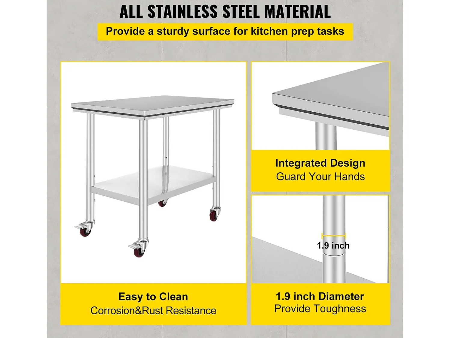 Mesa de Trabalho em Aço Inoxidável SucceBuy, 90x60x85 cm, Capacidade de Carga de 317,5 kg, 4 Rodas, para Cozinha Comercial, Restaurante^ Móvel De Arrumação