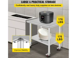 Mesa de Trabalho em Aço Inoxidável SucceBuy, 90x60x85 cm, Capacidade de Carga de 317,5 kg, 4 Rodas, para Cozinha Comercial, Restaurante^ Móvel De Arrumação