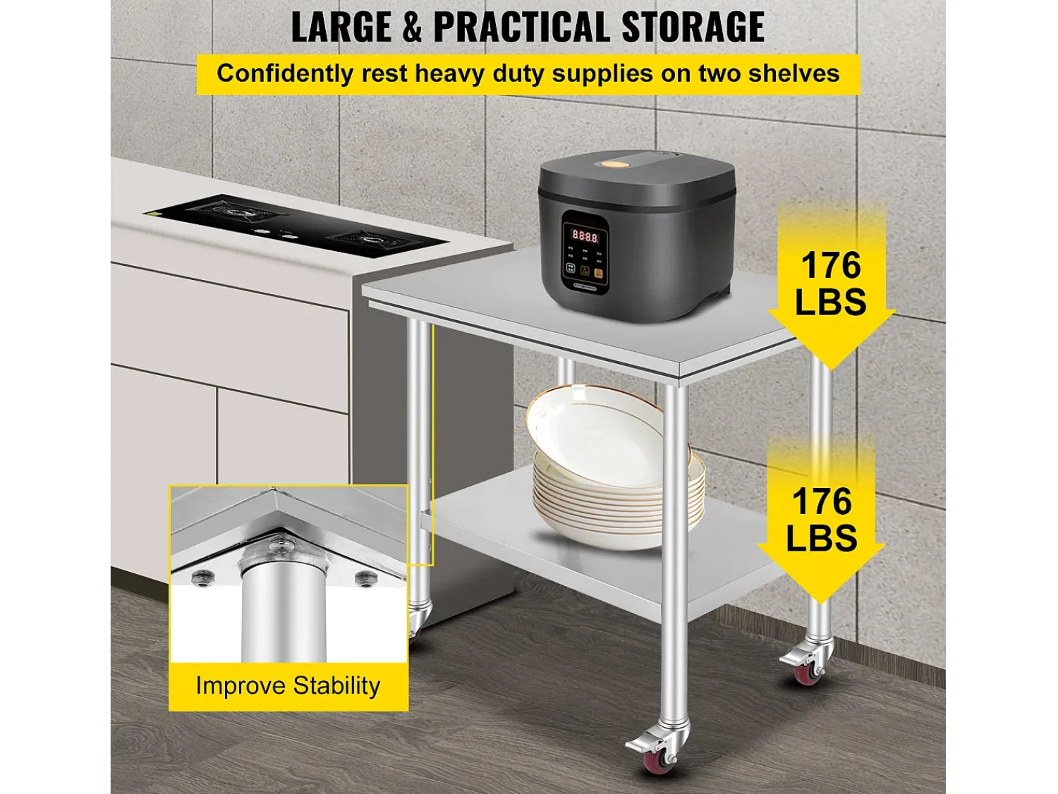 Mesa de Trabalho em Aço Inoxidável SucceBuy, 90x60x85 cm, Capacidade de Carga de 317,5 kg, 4 Rodas, para Cozinha Comercial, Restaurante^ Móvel De Arrumação