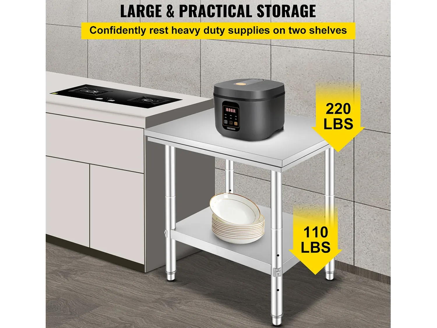 Mesa de Trabalho em Aço Inoxidável 60x76x80 cm, 2 Andares, para Preparação de Cozinha de Alimentos e Refeições, Hotéis, Escritórios, Hospitais^ Móvel De Arrumação