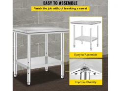 Mesa de Trabalho em Aço Inoxidável 60x76x80 cm, 2 Andares, para Preparação de Cozinha de Alimentos e Refeições, Hotéis, Escritórios, Hospitais^ Móvel De Arrumação