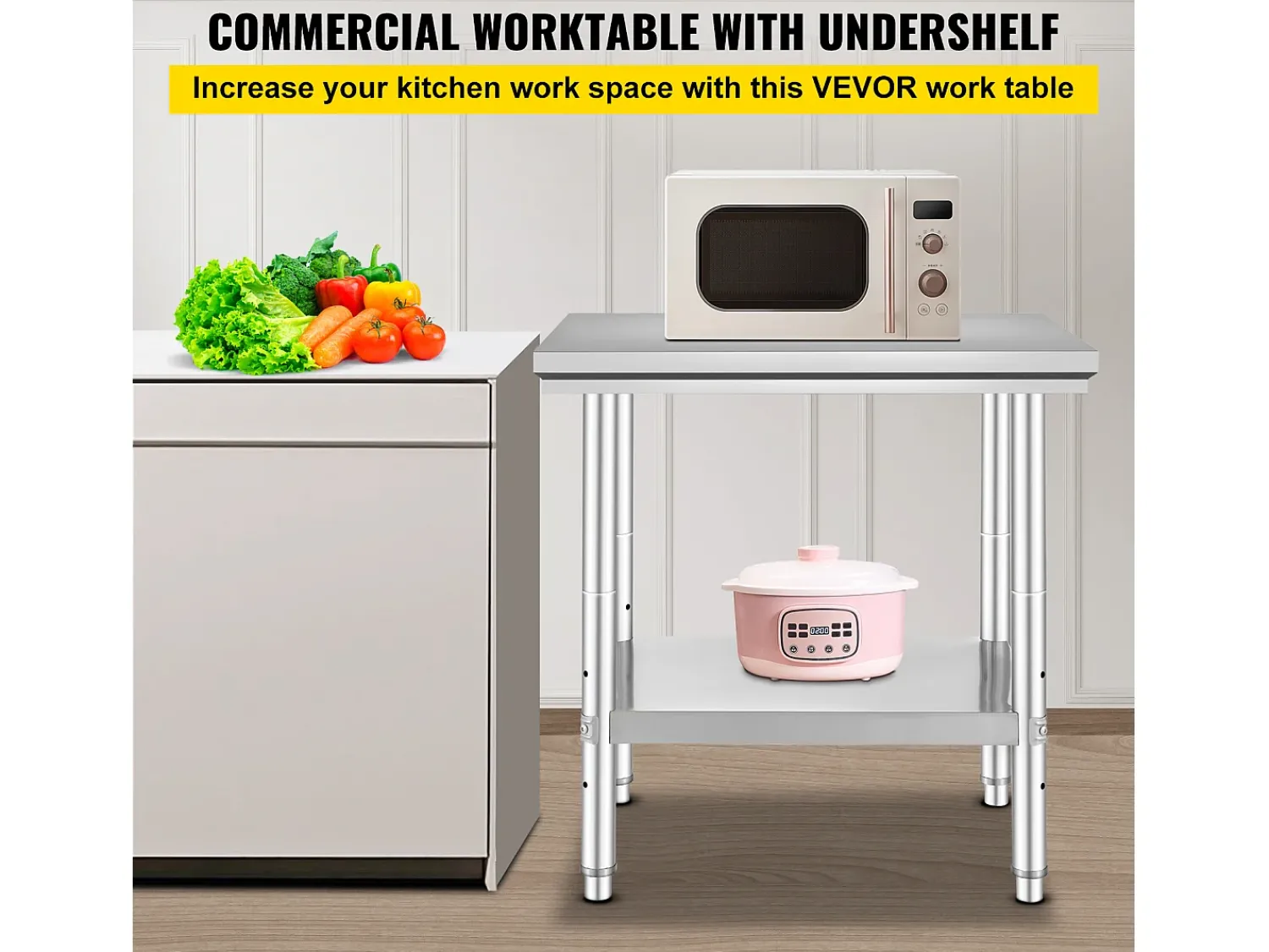 Mesa de Trabalho em Aço Inoxidável 60x76x80 cm, 2 Andares, para Preparação de Cozinha de Alimentos e Refeições, Hotéis, Escritórios, Hospitais^ Móvel De Arrumação