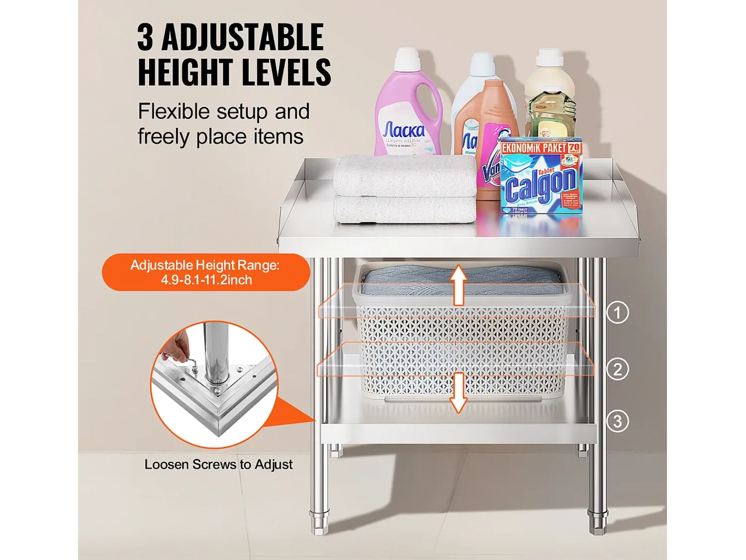 Móvel De Arrumação* Mesa de Trabalho em Aço Inoxidável SucceBuy, 610 x 711 x 660 mm, Mesa de Preparação de Alimentos Comercial para Restaurante Prateado