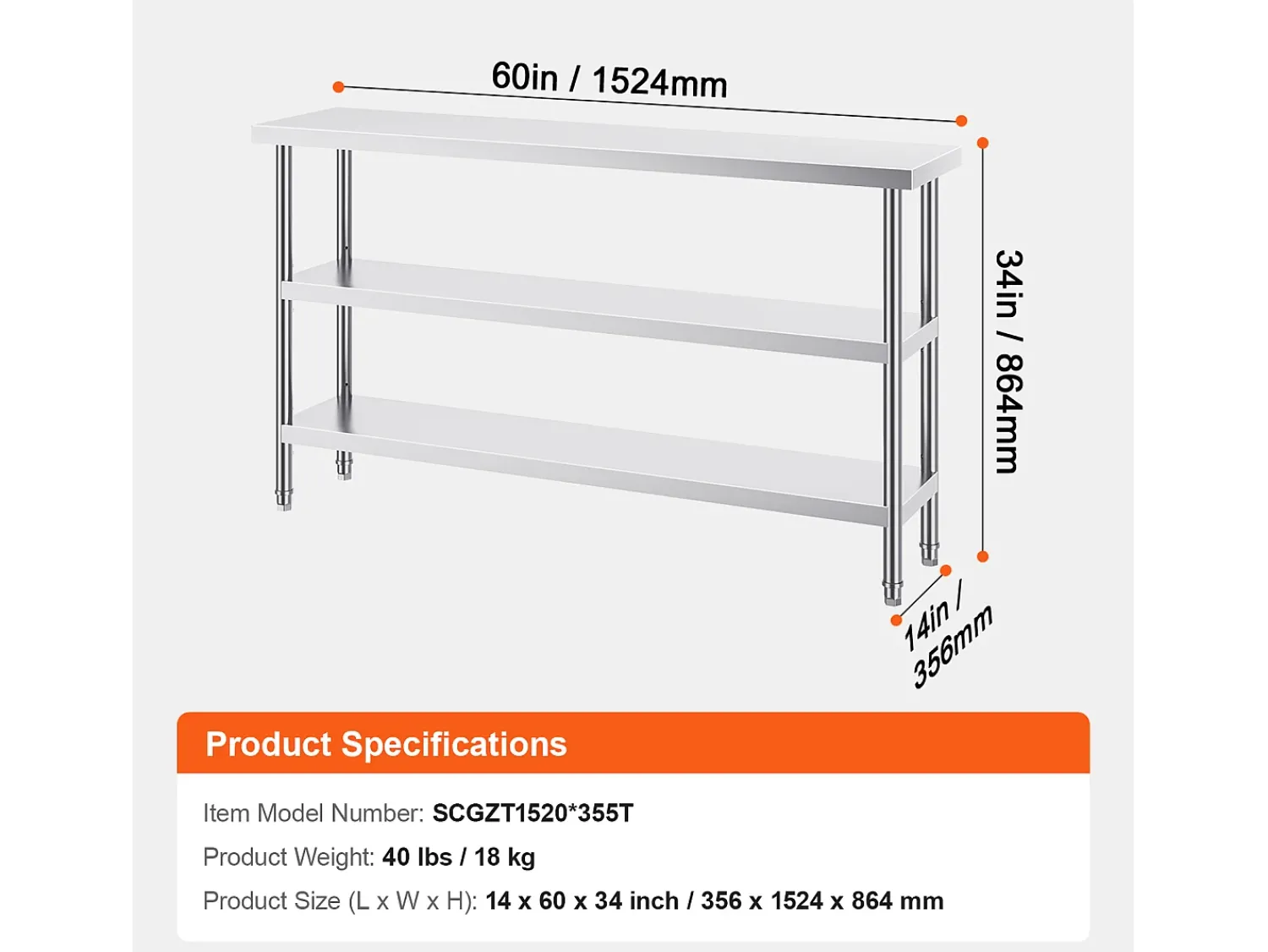 Móvel De Arrumação| Mesa de Trabalho em Aço Inoxidável SucceBuy, 356 x 1524 x 864 mm, Mesa Comercial de Preparação para Cozinhas Prateado