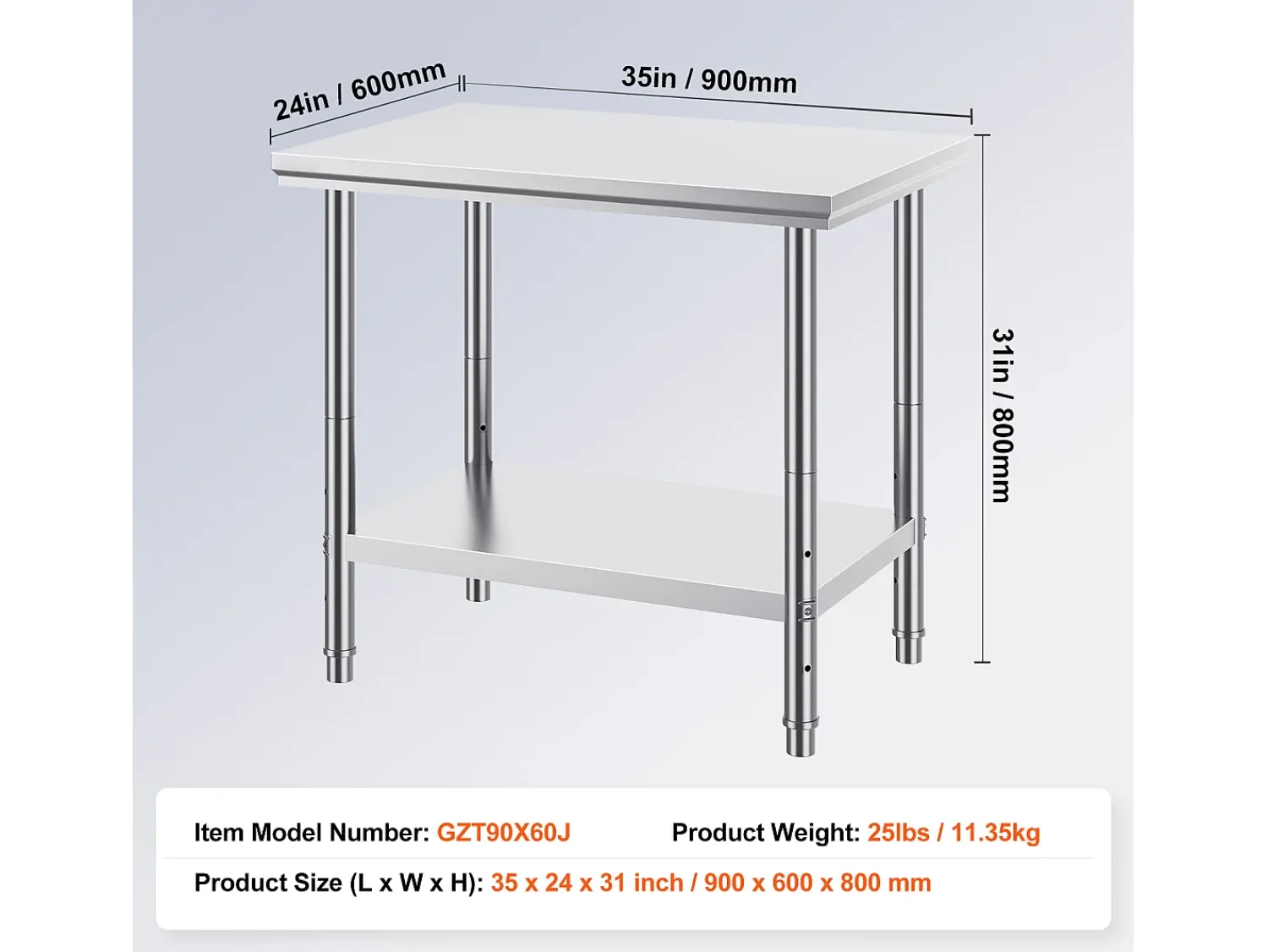 Mesa de Trabalho em Aço Inoxidável 60x90x80 cm, 2 Andares, para Preparação de Cozinha de Alimentos e Refeições, Hotéis, Escritórios, Hospitais^ Móvel De Arrumação